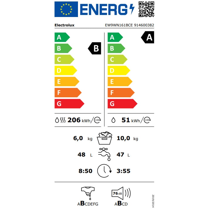 Masina de spalat rufe cu uscator Electrolux PerfectCare900 EW9WN161BCE, Pompa de caldura, Spalare 10 kg, Uscare 6 kg, 1600 rpm, Clasa B , Wi-Fi, Motor Inverter, DualCare, Sensicare, SteamCare, Alb
