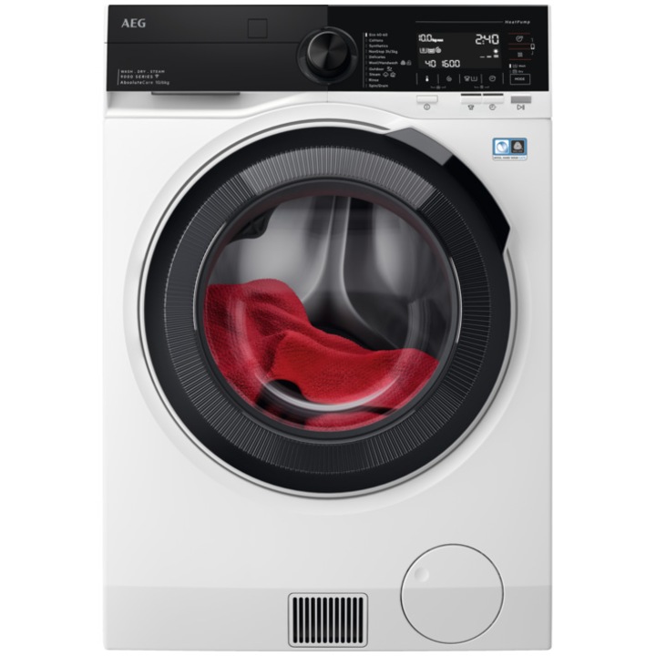 Пералня със сушилня AEG SERIES 9000 LWR98165NXE, Пране 10 кг, Сушене 6 кг, 1600 об/мин, Клас А, Wi-Fi, Термопомпа, AbsoluteCare, SensiDry, ProSense, ProSteam, Инверторен мотор, TFT дисплей, Бял