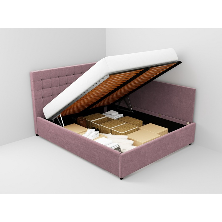 Pat tapitat de colt Monaco, cadru lemn si pal, 140x200 cm, roz, cu somiera rabatabila si lada depozitare