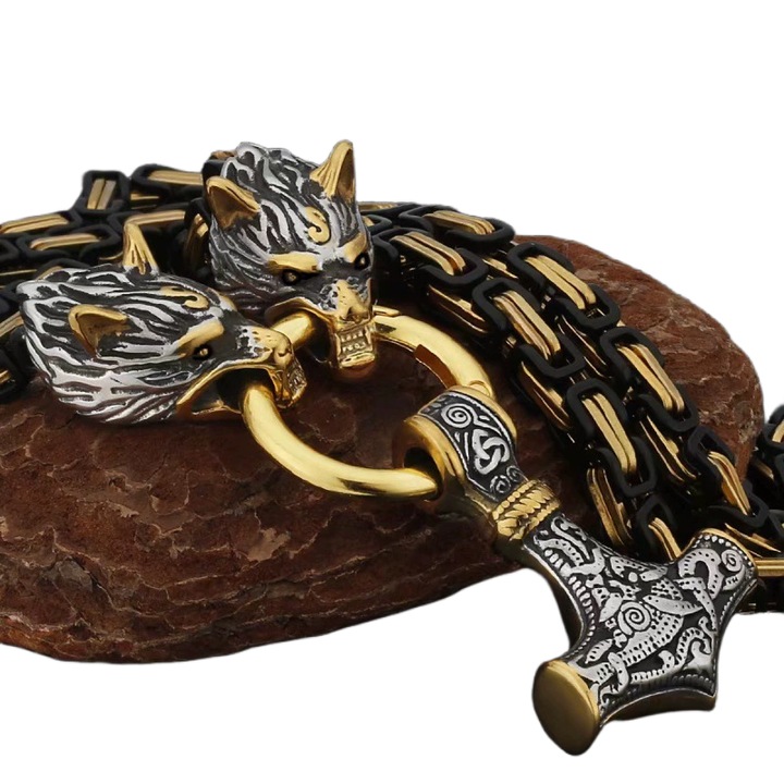 Férfi nyaklánc, farkasfej, 1 db-os szett, Aranyszín