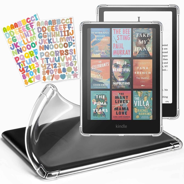 Защитен калъф за Kindle Paperwhite 12th Generation и Kindle Colorsoft Signature Edition, прозрачен, TPU, с 2 големи стикера с букви
