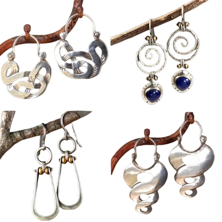 Set de 4 cercei hoop vintage Boho, aliaj zinc, argintie, cu model perforat