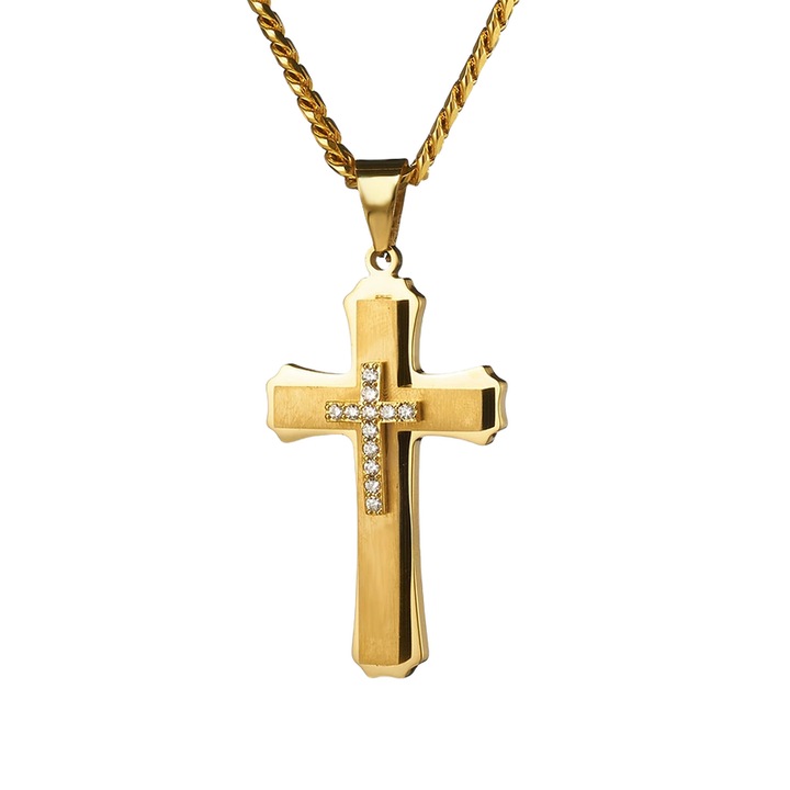 Férfi nyaklánc, 18 karátos aranyozott rozsdamentes acél kereszt medál, cirkónia berakással, parti stílusú, arany