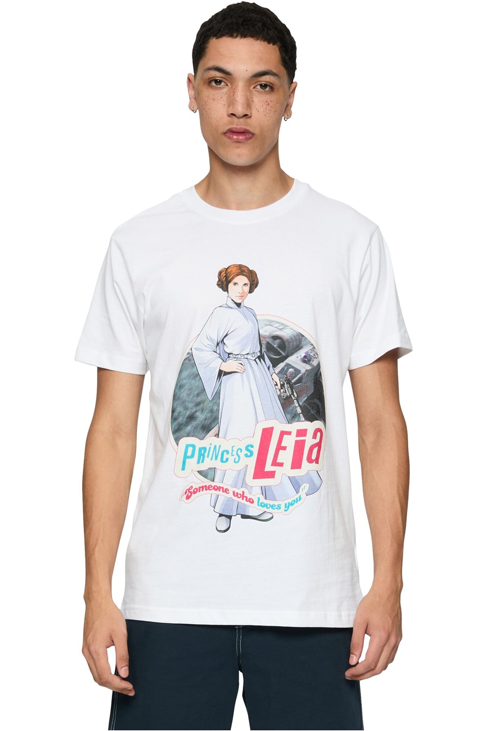 Merchcode, Tricou cu decolteu la baza gatului si imprimeu, Alb optic, 2XL