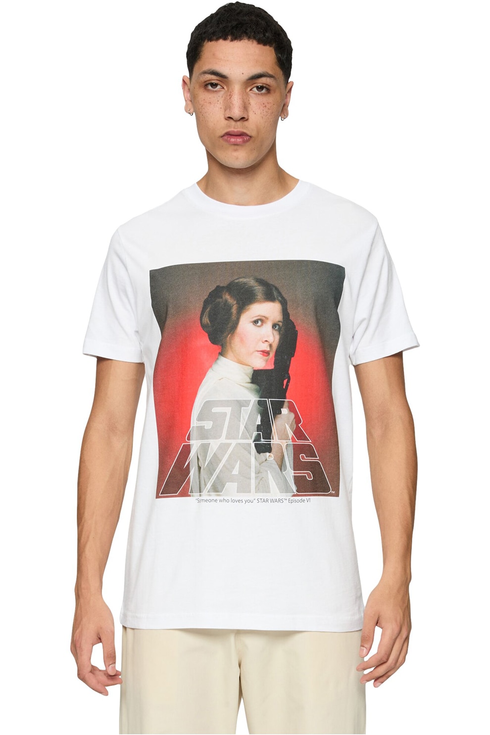 Merchcode, Tricou cu decolteu la baza gatului si imprimeu, Alb optic, L