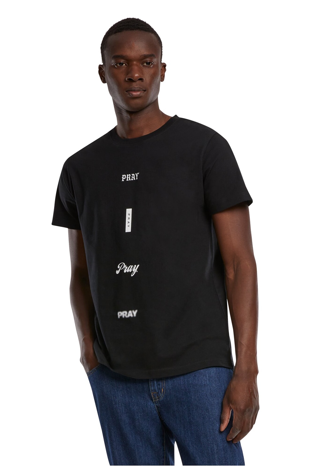 Mister tee, Tricou cu decolteu la baza gatului si imprimeu text, Negru, Alb optic, S