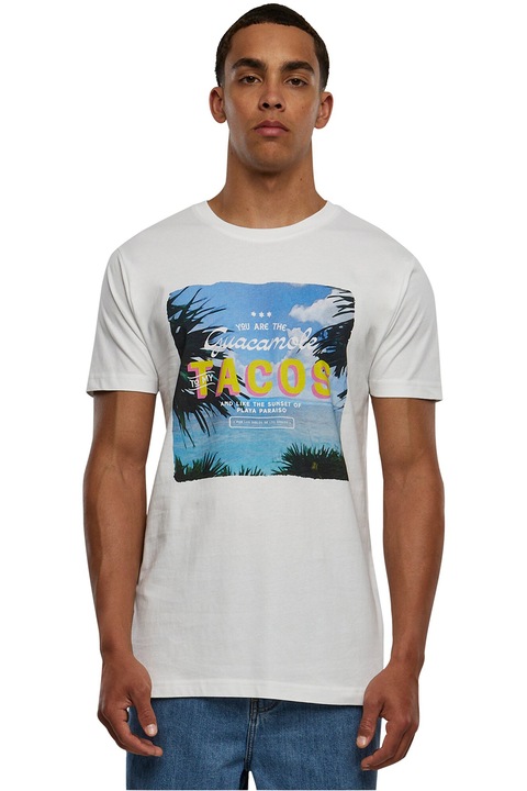 Mister tee, Tricou regular fit din bumbac cu imprimeu, Alb optic/Albastru deschis