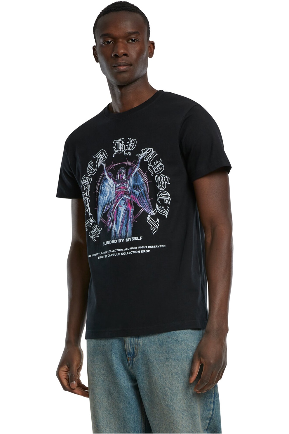 Mister tee, Tricou din bumbac cu imprimeu grafic, Negru, Albastru lavanda, Alb optic, L