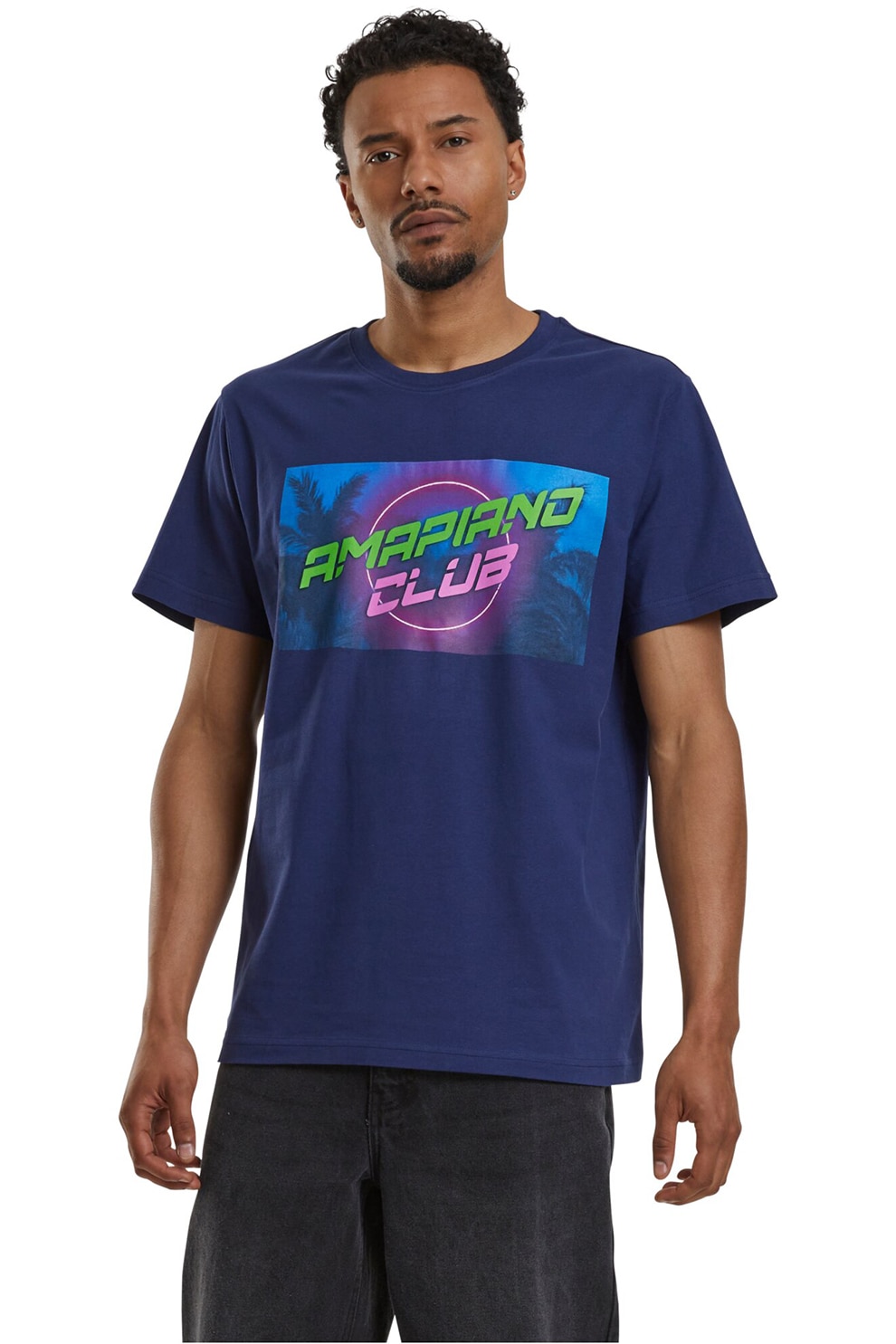 Mister tee, Tricou cu imprimeu grafic si decolteu la baza gatului, Verde, Fucsia, Albastru inchis, S