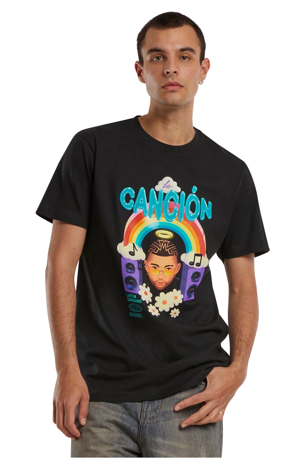 Mister tee, Tricou cu imprimeu grafic si decolteu la baza gatului, Negru, Violet, Albastru glaciar, Alb murdar, L