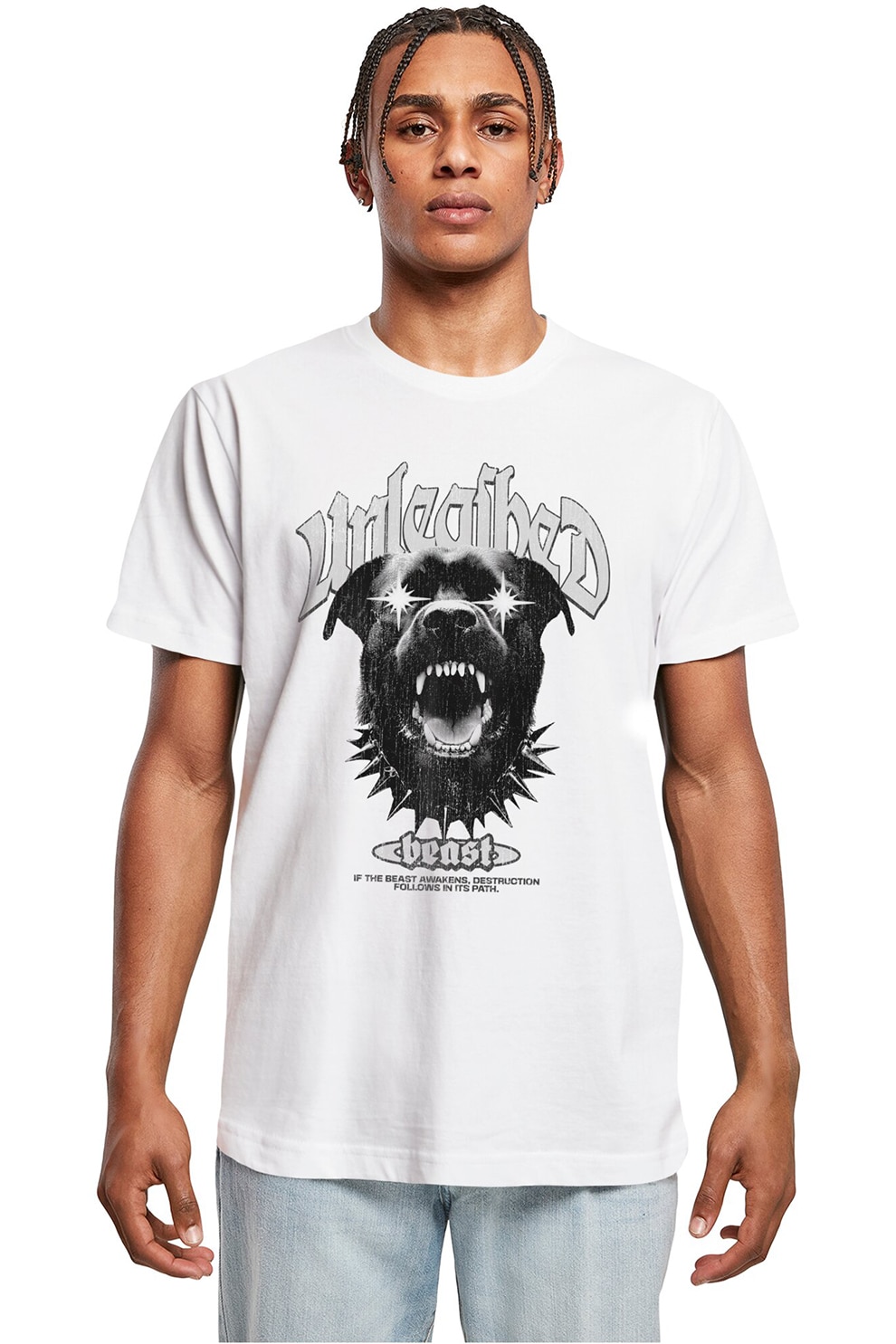 Mister tee, Tricou cu imprimeu grafic si decolteu la baza gatului, Negru stins, Alb optic, S