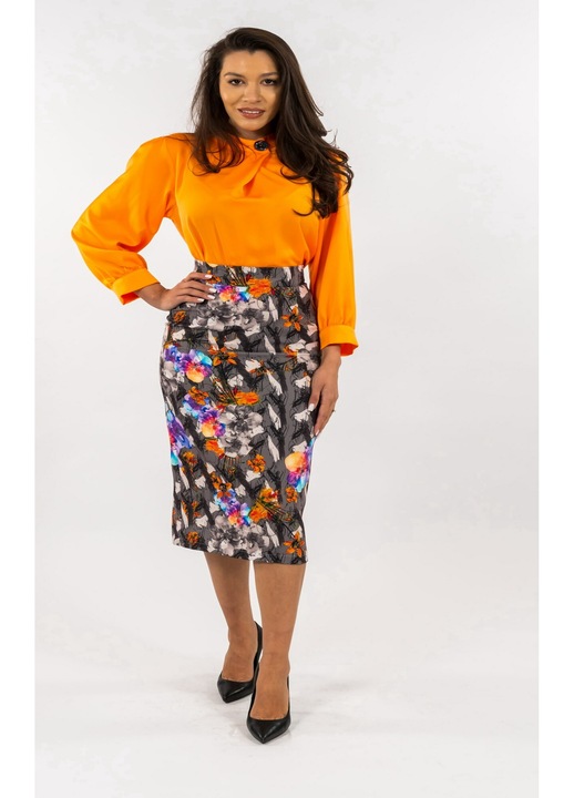Compleu Bluza Portocalie si Fusta Florala, Portocaliu/Multicolor