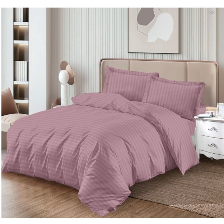 Lenjerie de pat, Damasc, cu elastic, 4 piese, 2 persoane, 180x200 cm uni, plamaniu