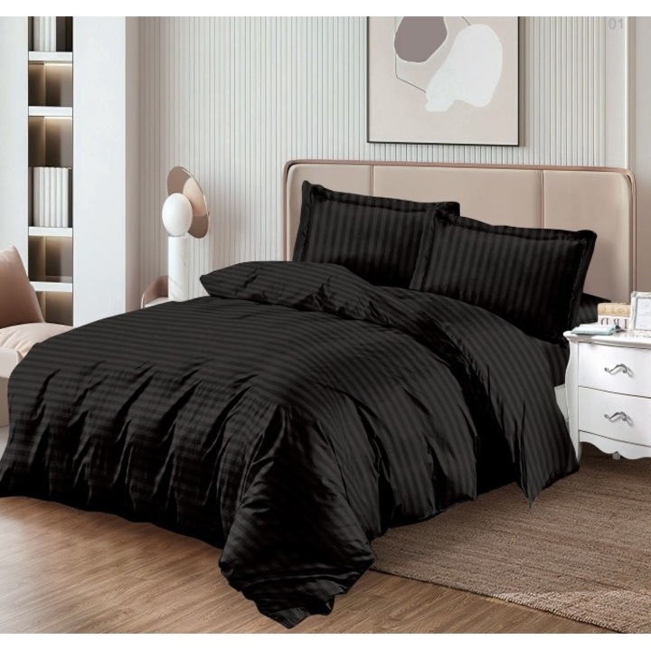Lenjerie de pat, Damasc, cu elastic, 4 piese, 2 persoane, 180x200 cm uni, negru