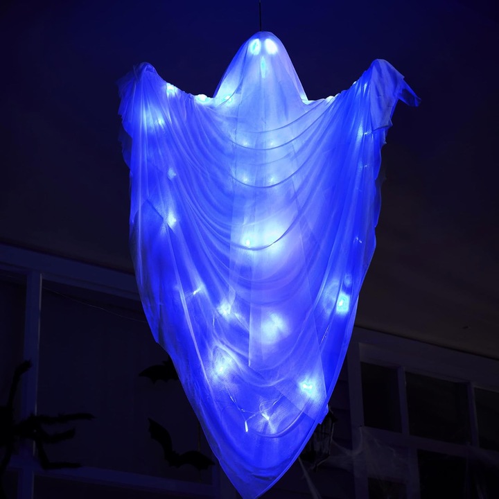 Halloween dekoráció, Kufer, szellem kék fénnyel, 90 cm