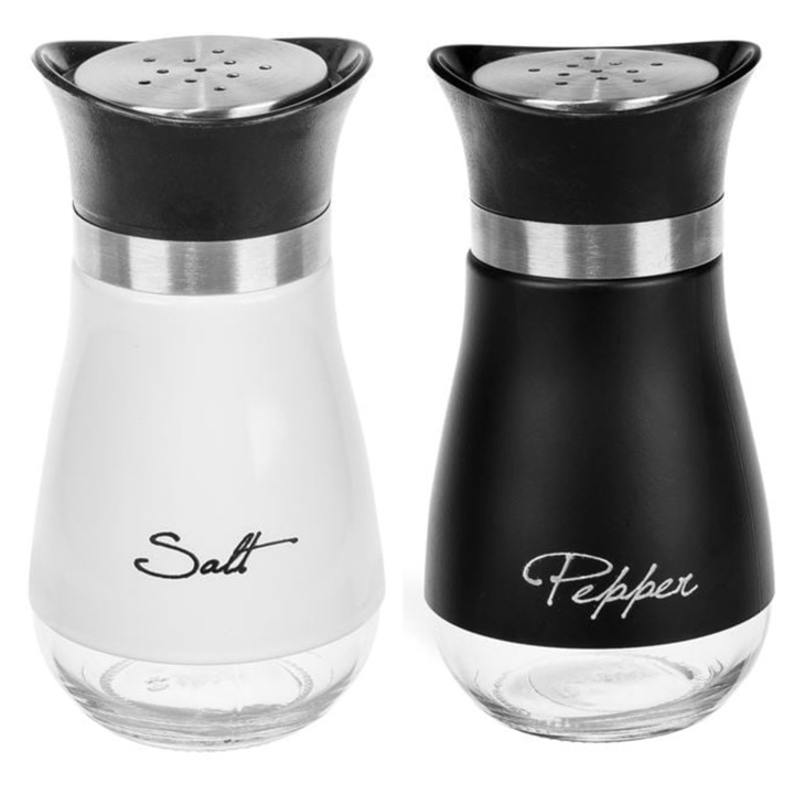 Set de 2 Solnite din Sticla pentru Sare si Piper – Alb/Negru – 120 ml fiecare – 6x11.5 cm