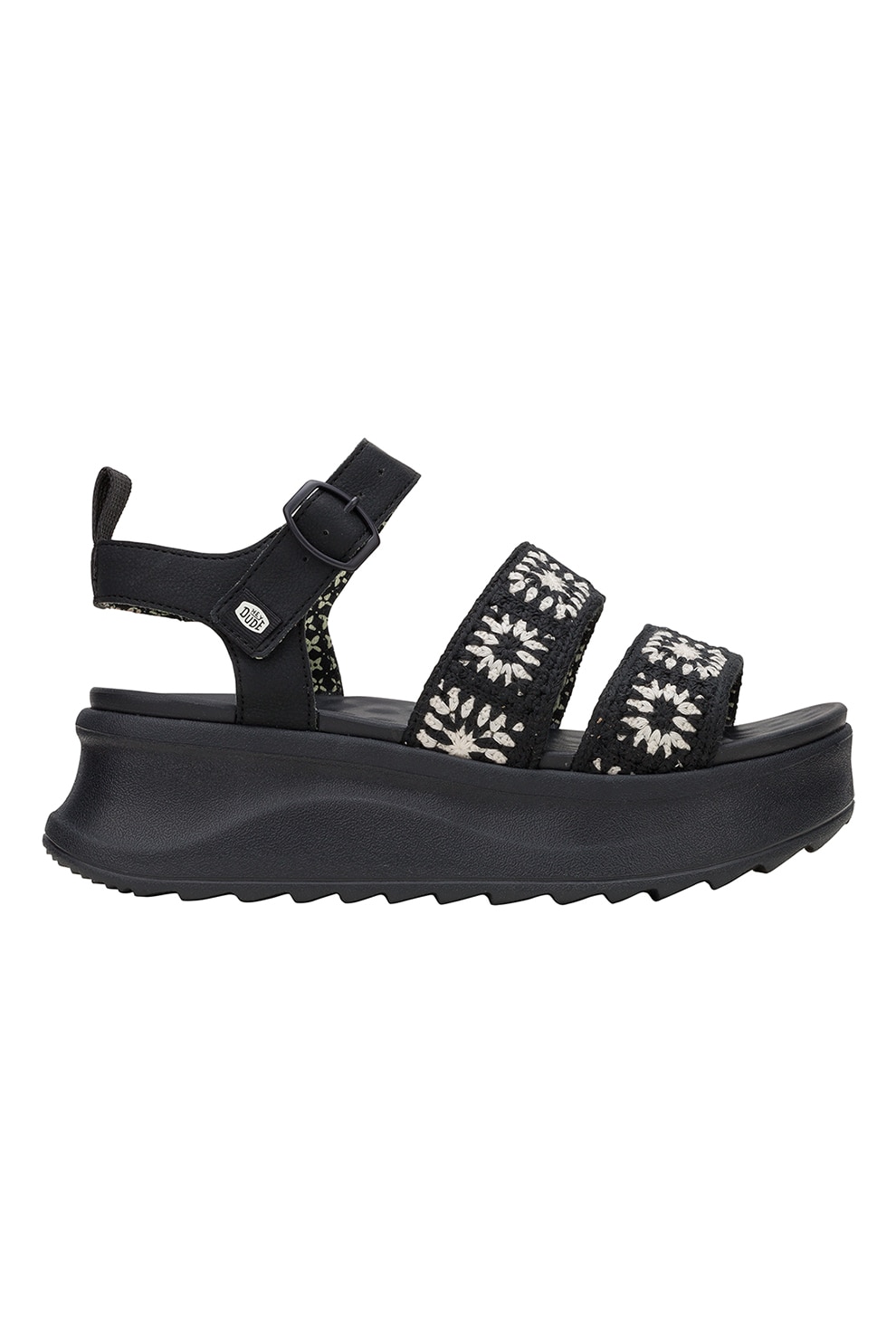HEYDUDE, Sandale din material textil cu talpa wedge, Alb, Negru, 39