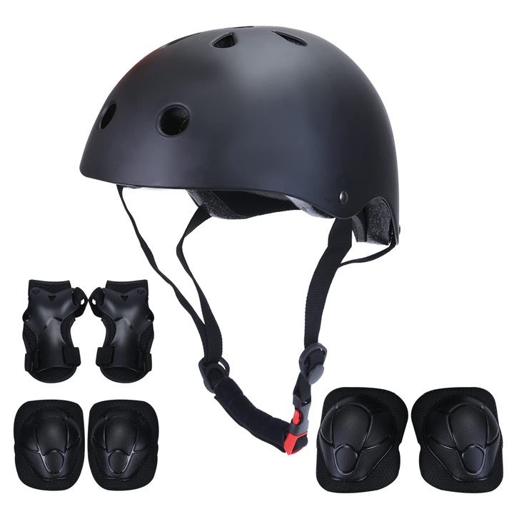Set 7 in 1 Casca si Protectii pentru Copii, LYCENXI, Negru, 3-8 Ani, Ajustabil, Include Genunchiere, Cotiere si Protectii pentru Incheieturi