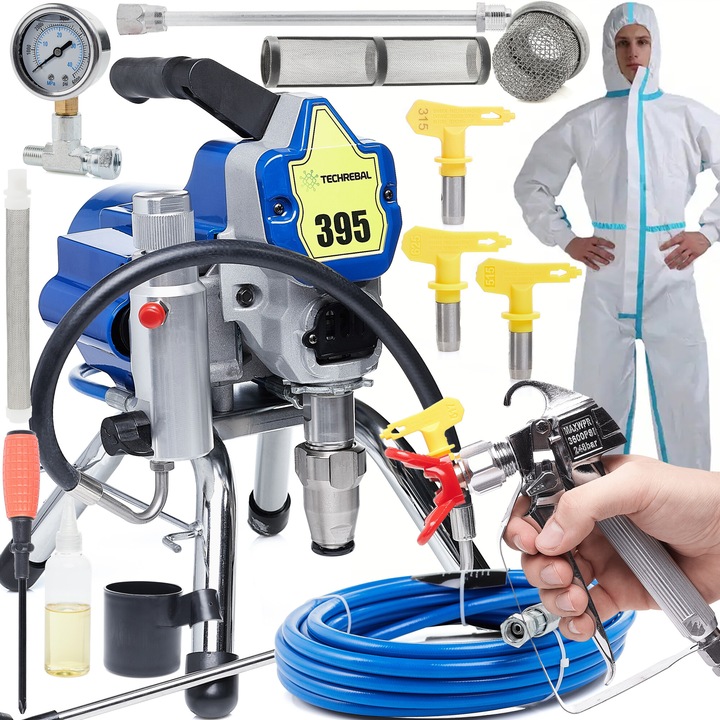 Techrebal 395 festőberendezés, 1800W, 2,2l/perc, készlet pisztollyal és 4 fúvókával, 49x42x53cm