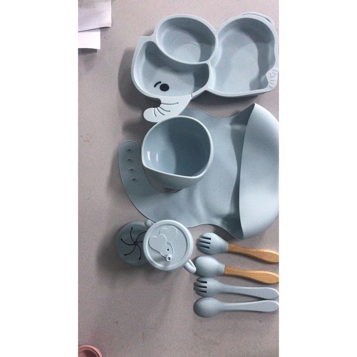 S 10 Piese Diversificare Bebelusi si Copii din Silicon, Baveta, Farfurie Compartimentata cu Ventuza, Bol cu Ventuza, Tacamuri din Lemn si Silicon, cana pentru gustari, fara Alergeni, Model Elefant gri albastru