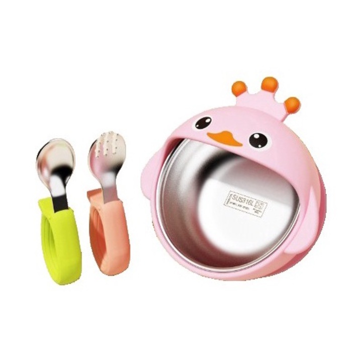 Set 3 Piese Diversificare Bebelusi si Copii, Bol, Lingura si Furculita, Model Ratusca, din Silicon si Otel Inoxidabil, Roz