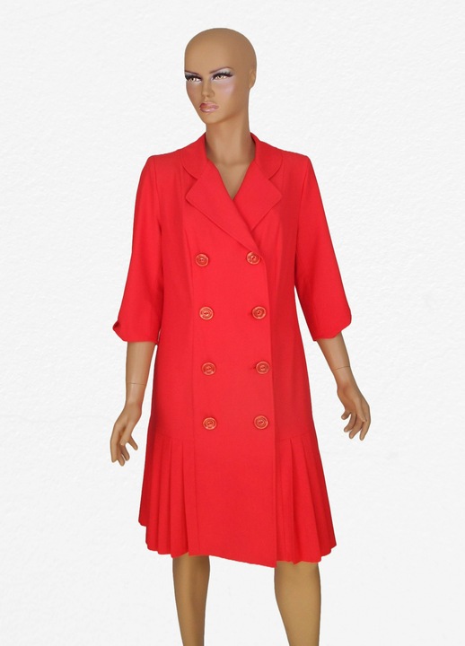 Rochie-sacou Moditex, plisata, doua randuri de nasturi, Rosu vermillion