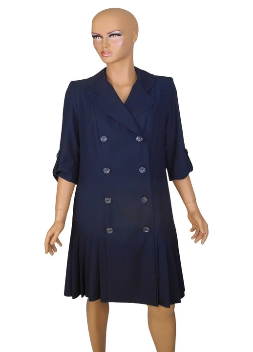 Rochie-sacou Moditex, plisata, doua randuri de nasturi, Bleumarin