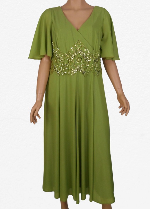 Rochie eleganta Moditex, in clini, din voal stralucitor, cu aplicatii de dantela in talie, Verde fistic