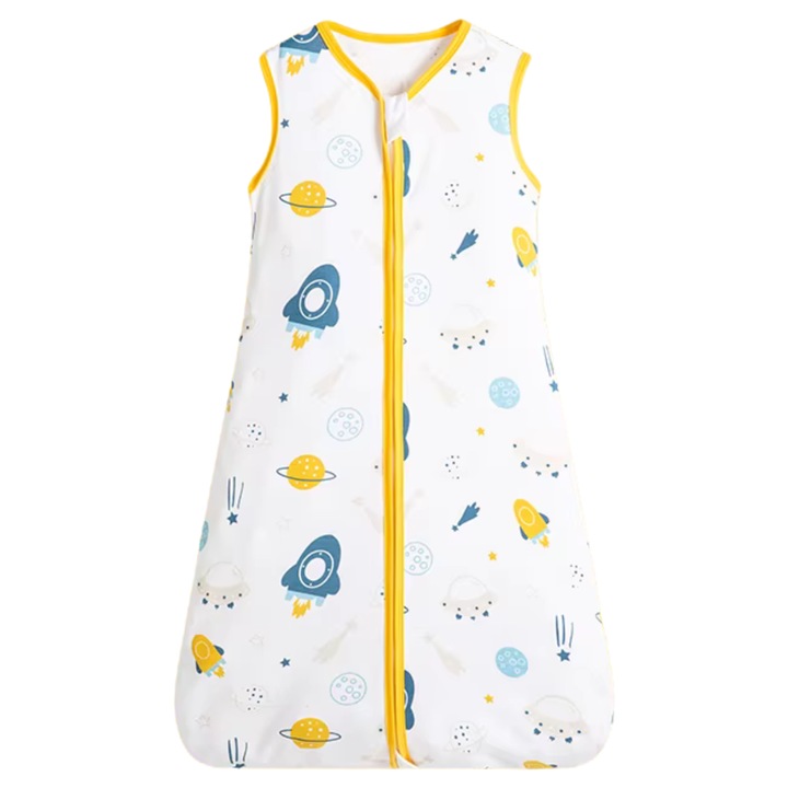 Sac de dormit bebelusi, 100% bumbac, Pentru vara, TOG 0.5, Incaperi 25°- 32°, 83cm, 12-18 luni, Model planete