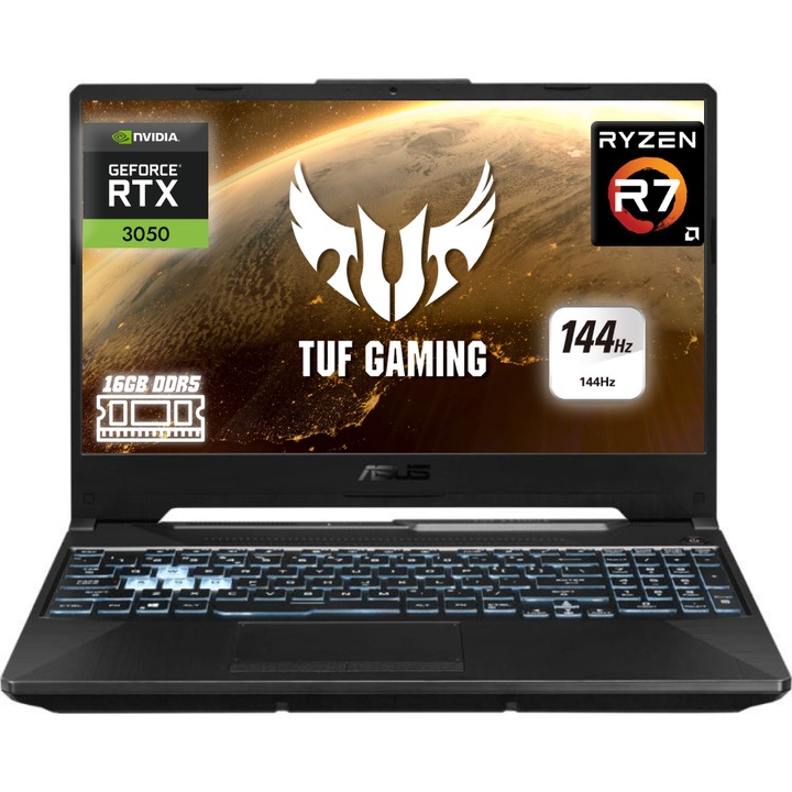 Asus TUF Gaming A15 Gamer Laptop, AMD Ryzen 7 7435HS, 16GB DDR5 Memória, 1000GB SSD, 15.6" FullHD, 144Hz Kijelző, Nvidia RTX 3050, Magyar billentyűzet, Fekete, Vírusírtó, Böngésző, Windows 11 Pro