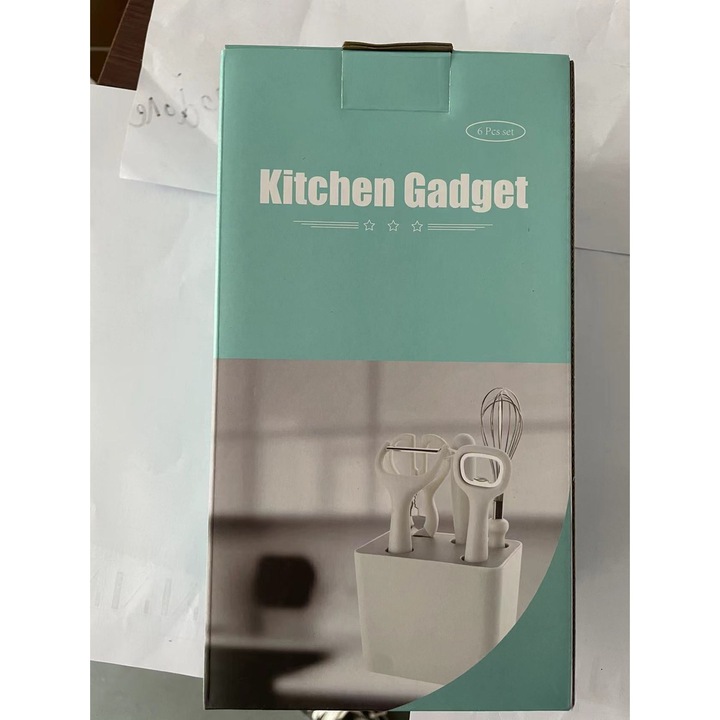 Set 6 ustensile bucatarie cu suport inclus desfacator curatator legume foarfeca cutit tel ABS si inox alb