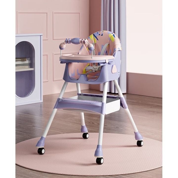 Scaun de Masa, pentru Copii de la 6 luni, Inaltime Reglabila, Balansoar, Centura, Tava, Roti cu Frana, Tava Depozitare, Jucarie Inclusa, 94 x 78 x 60 cm, Mov deschis