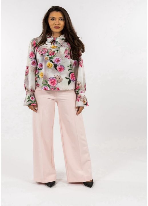 Compleu Elegant Bluza Florala si Pantaloni Roz Pastel, Roz