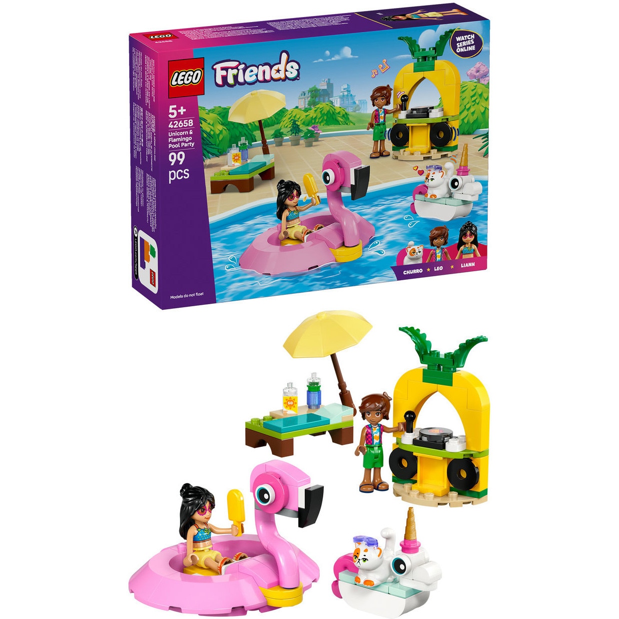 LEGO® Friends - Petrecere la piscina cu unicornul si flamingo 42658, 99 piese