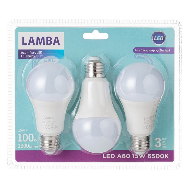 Becuri led e27 15w (a60) 3buc - lumina alba calda