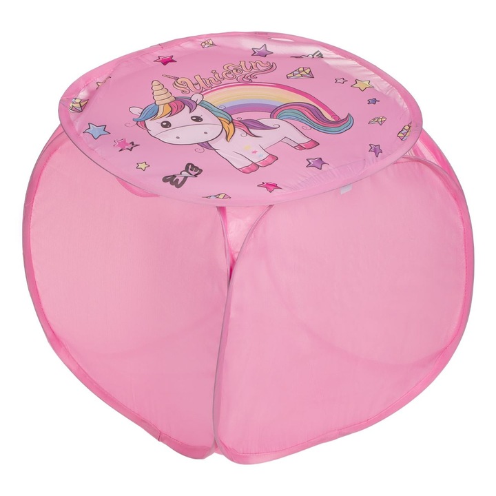 Coș textil pliabil roz cu capac unicorn pentru depozitarea jucăriilor, 45x45x45cm