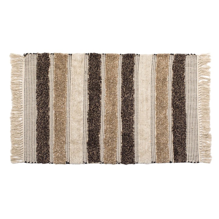 Bézs barna pamut dekoratív téli szőnyeg csíkokkal és rojtokkal, 100x70 cm