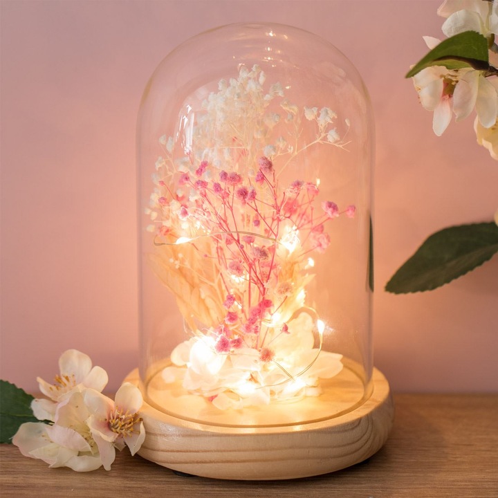 Cupola decorativă din sticlă cu LED, flori roz și albe, 12x18cm