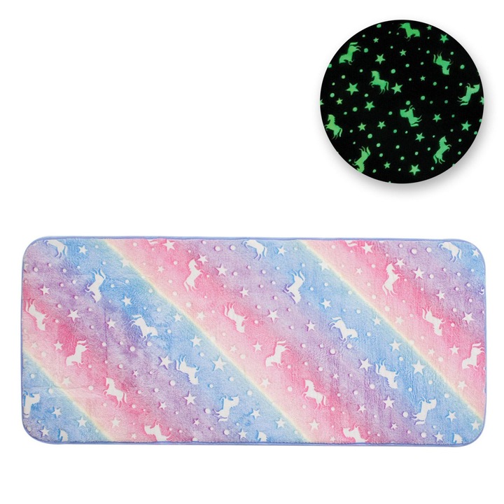 Dekoratív műszőrme szivárványszőnyeg fluoreszkáló unikornisokkal 140x60cm