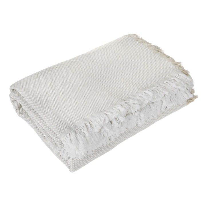 Cuvertura decorativa ecru cu franjuri albe ecru pentru canapea cu patru locuri 340x180cm