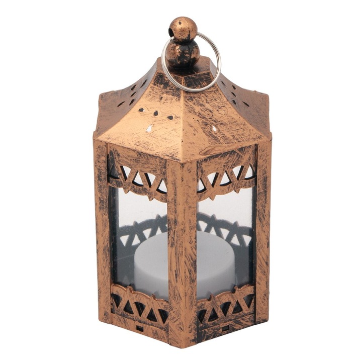 Felinar Decorativ Shopiens® Mini Bronz cu Lumanare LED, 6.5 x 6.5 x 11 cm