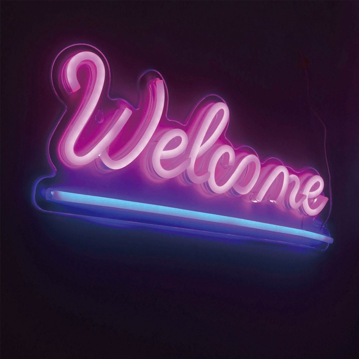 LED Neon lámpa "Welcome", rózsaszín és kék, 41x16cm