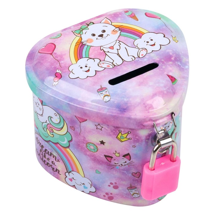 Fém persely gyerekeknek, szív alakú, többszínű, mérete 8x8x6 cm, lakattal, MYONNA IT & E- COMMERCE ®