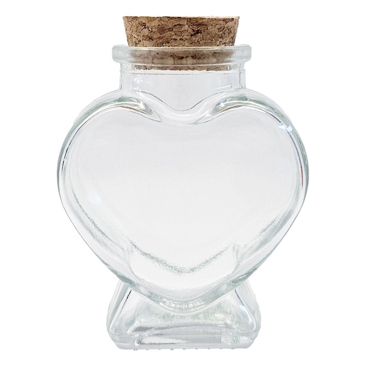 Sticla transparenta in forma de inima cu dop de pluta pentru lichior 90ml