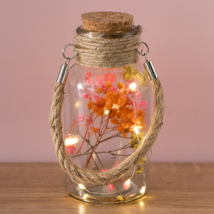 Sticlă decorativă cu 10 becuri LED și flori uscate, albă, 8x17cm