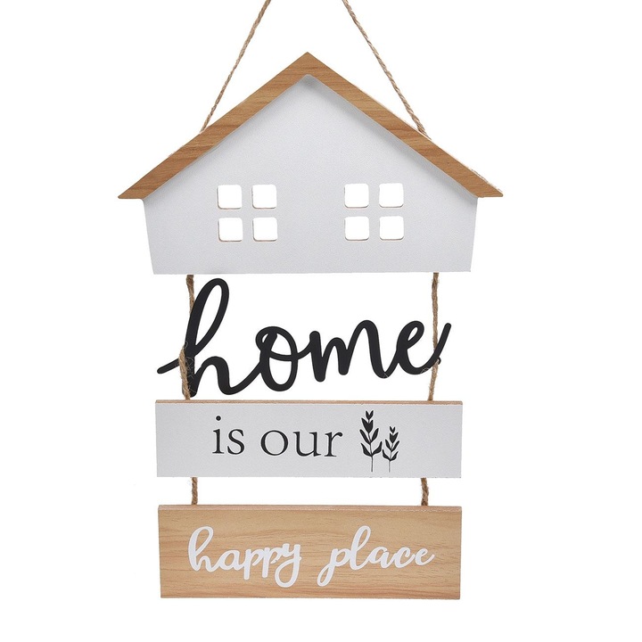 Decoratiune Suspendabila Casuta din Lemn, alb/maro, 19.5x29cm, cu mesaj "Home is Our Happy Place", set 4 semne