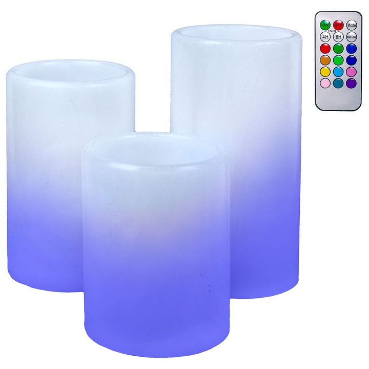 Fehér, elemes LED gyertyák hullámos széllel, színes lánggal és távirányítóval - 3 db