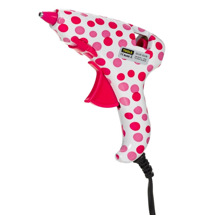 Pistol Termic de Lipit Alb cu Buline Roz 20W & 2 Batoane de Adeziv