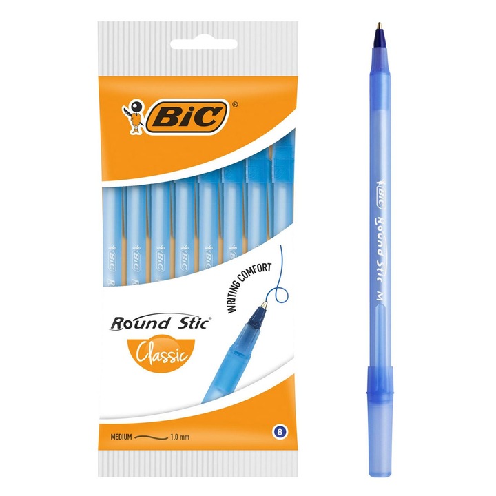 Комплект химикалки BIC, 8 бр., връх 1.0 mm, прозрачно бяло, синьо мастило