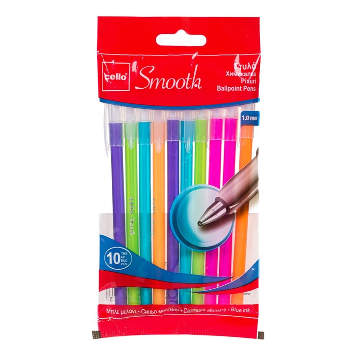 Sima hegyű golyóstoll készlet, színes test 1,0 mm - 10 db